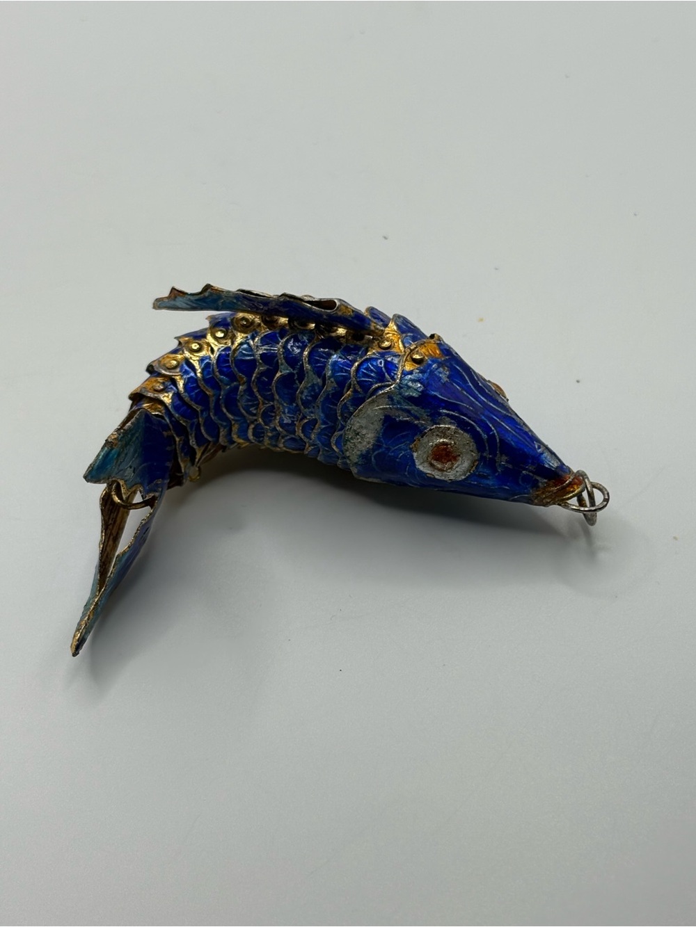 VTG Blue and Gold Tone Enamel Cloisonne Articulated Koi Fish Pendant 4”